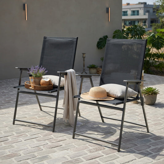 Hommoo 2-Pack Foldable Patio Chairs with Armrests, Heavy-Duty Metal Outdoor Chairs for Deck, Garden, Backyard & Camping, Black