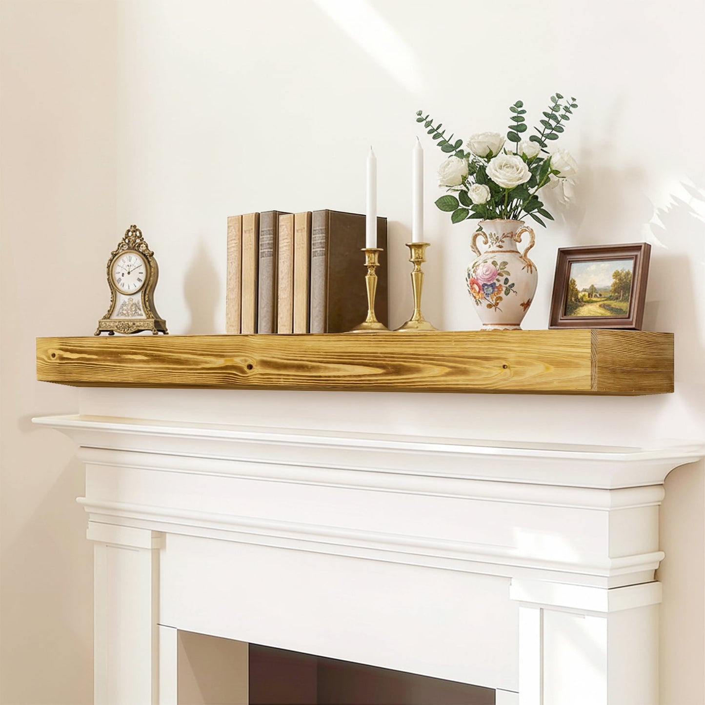 Hommoo 60" Wall Mounted Fireplace Mantel, Rustic Wood Fireplace Mantle Shelf with Invisible Brackets, Floating Fireplace Mantel for Living Room, Brown