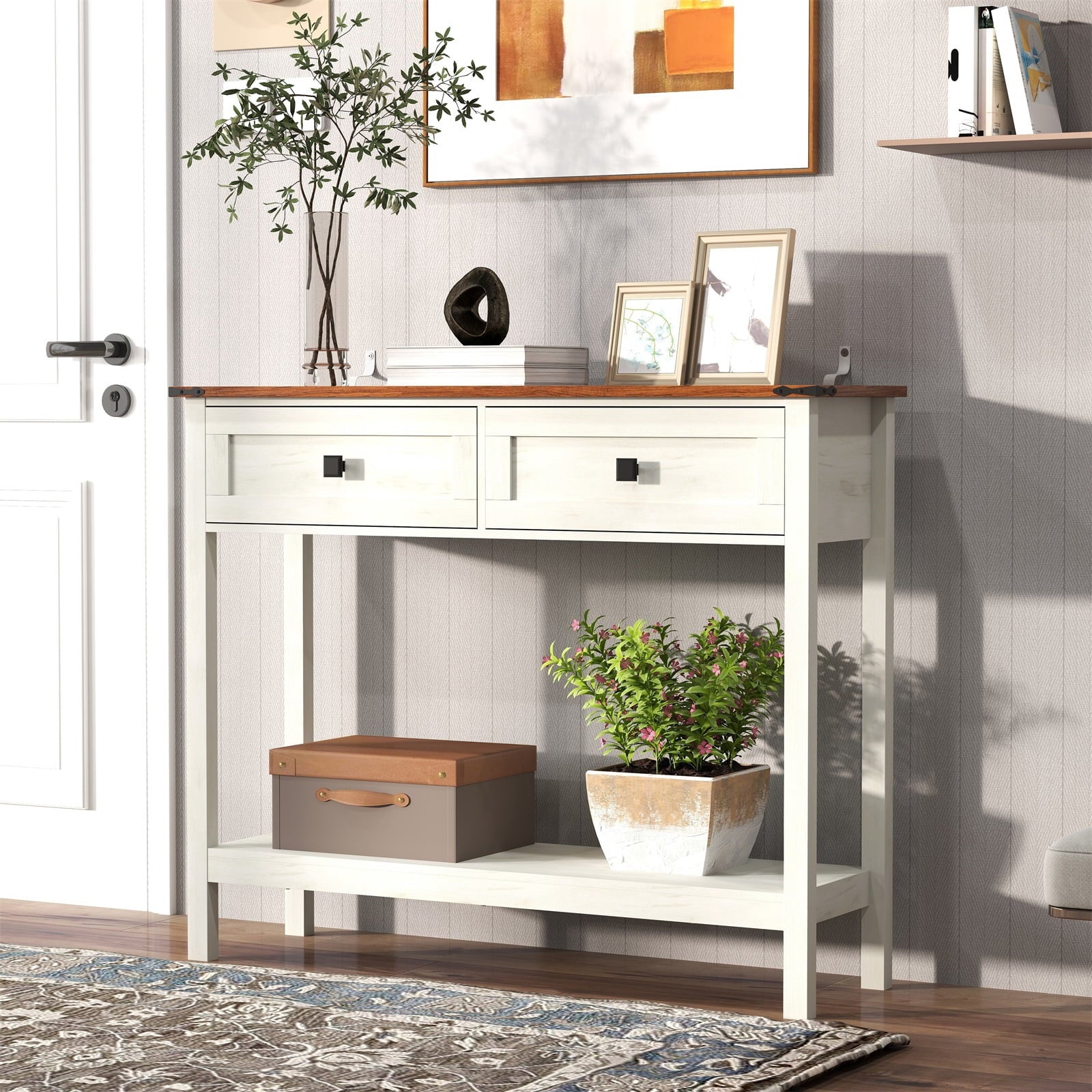 Hommoo Farmhouse Console Table with 2 Storage Drawer and Open Storage Shelf, Rustic Entryway Table for Home, Antique White