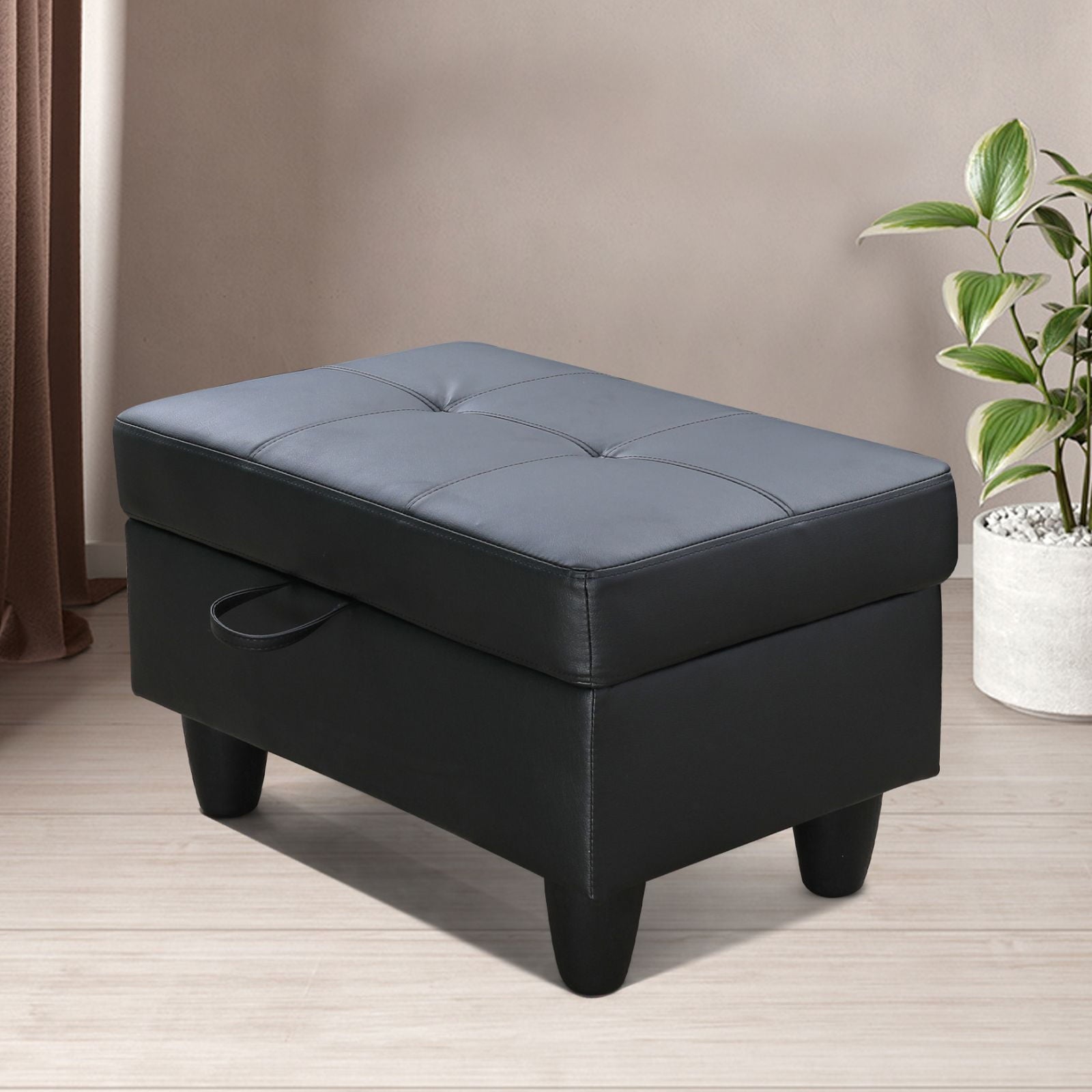 Hommoo Faux Leather Rectangular Storage Ottoman, Bench Tufted Footrest, Modern Lift Top Pouffe Ottoman for Living Room, Black