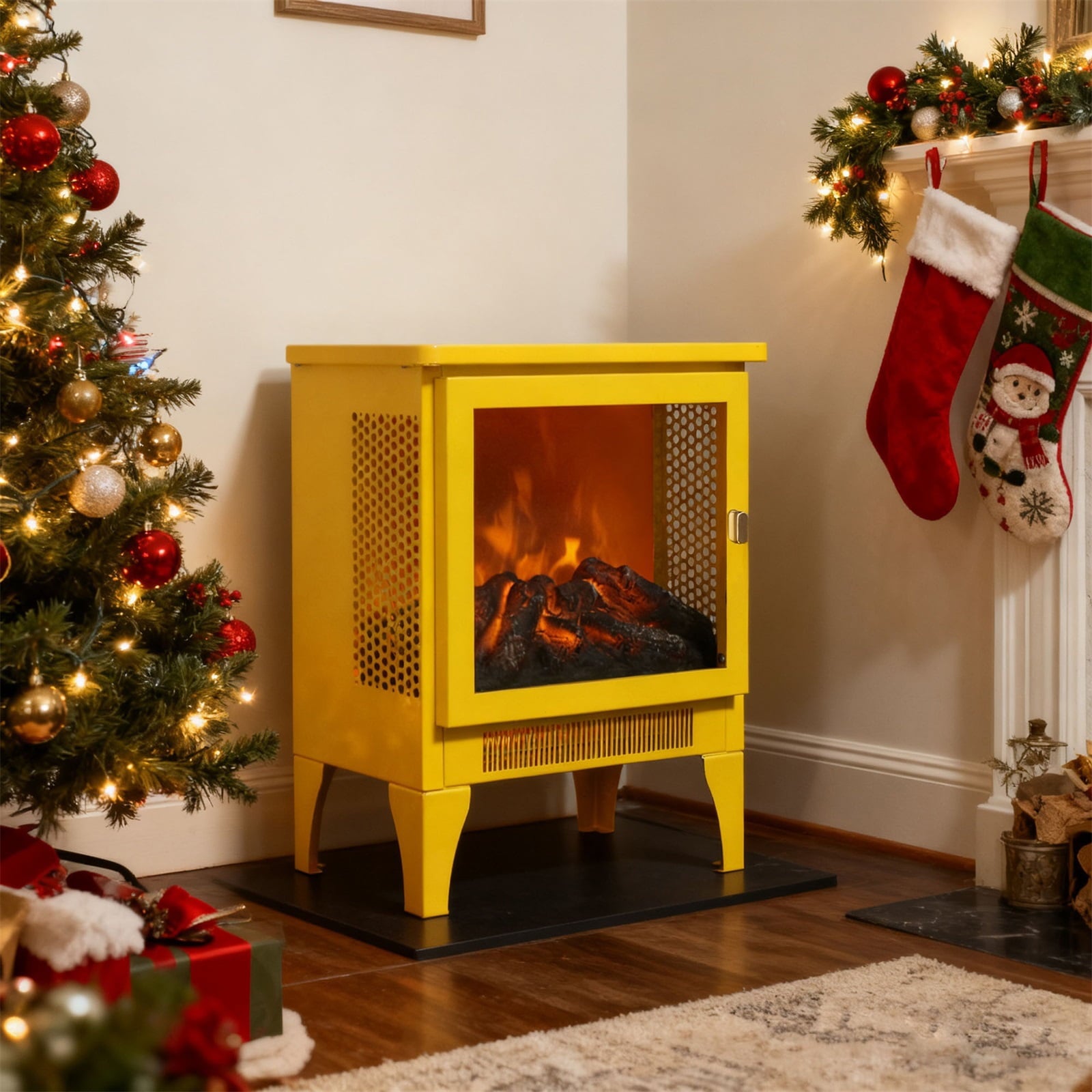 Hommoo Freestanding Portable Electric Fireplace Stove Heater with 3D Flame Effect, Bright Yellow