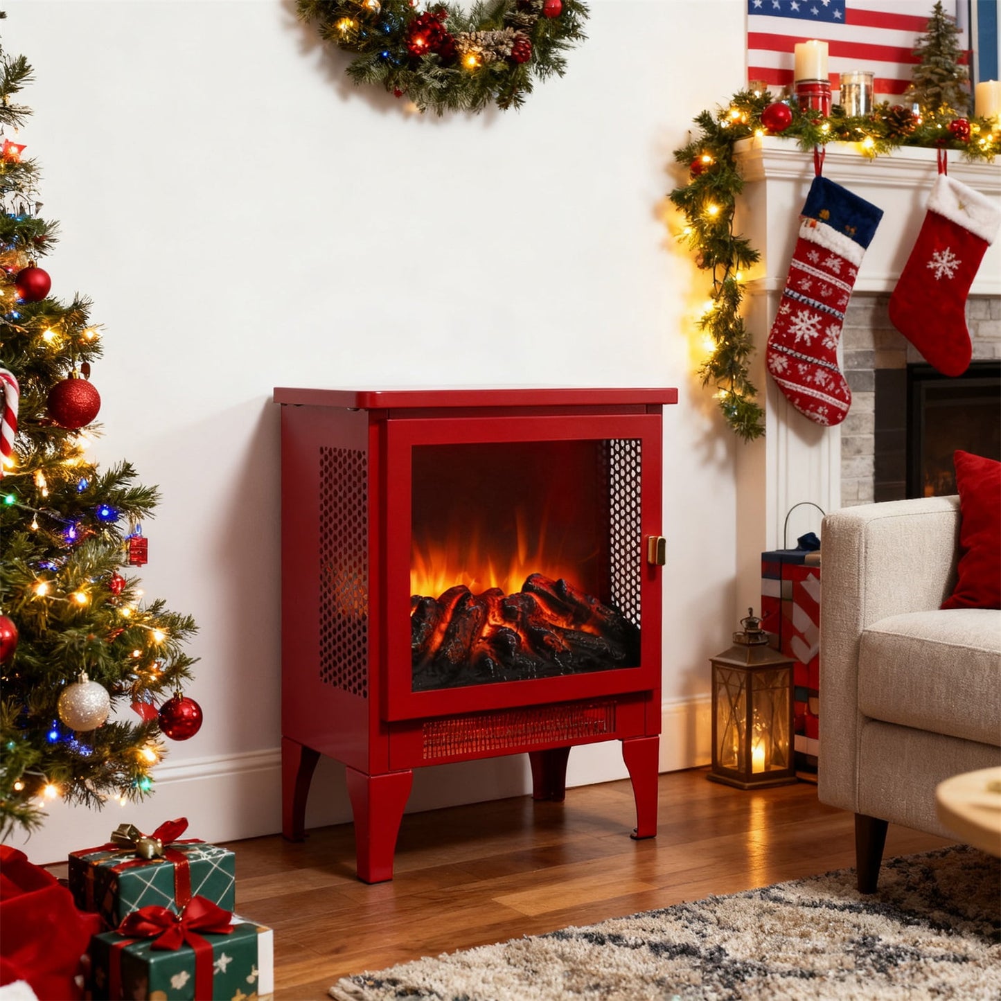 Hommoo Freestanding Portable Electric Fireplace Stove Heater with 3D Flame Effect, Red