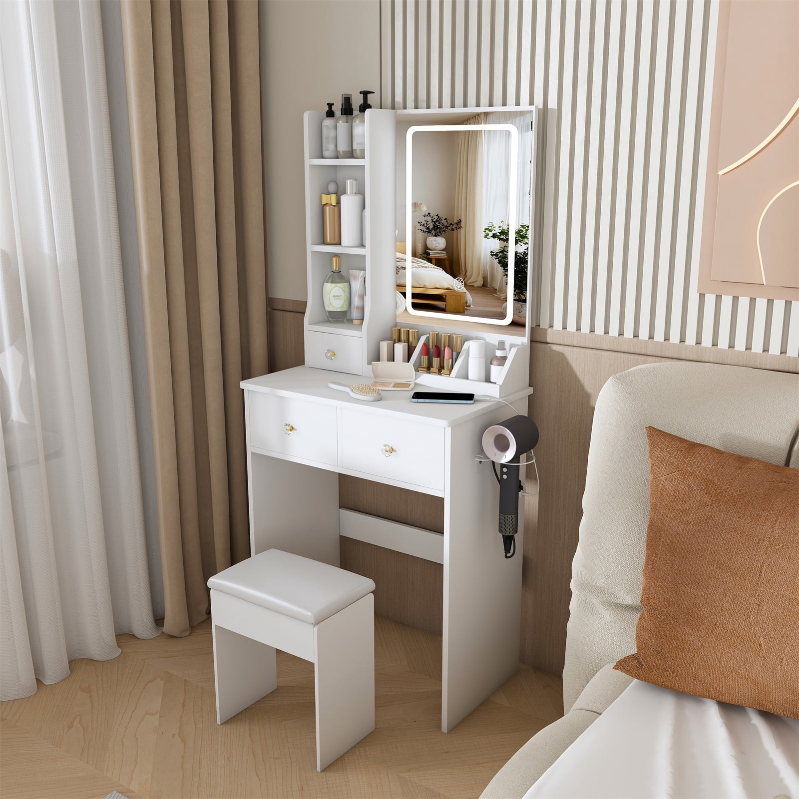 Hommoo Modern Vanity Desk Set, Makeup Vanity Dressing Table with Adjustable Brightness LED Lighted Mirror, 3-Drawer and Storage Shelves, Hair Dryer Holder and Power Socket, and Stool, Antique Brown