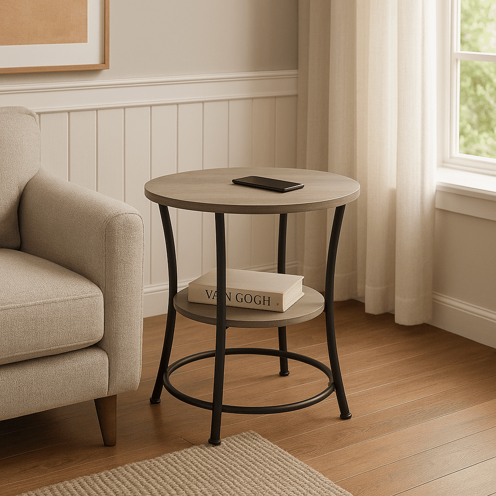 Homy Casa Round End Table with Storage Shelf for Living Room Sofa Side and Small Space, Brown