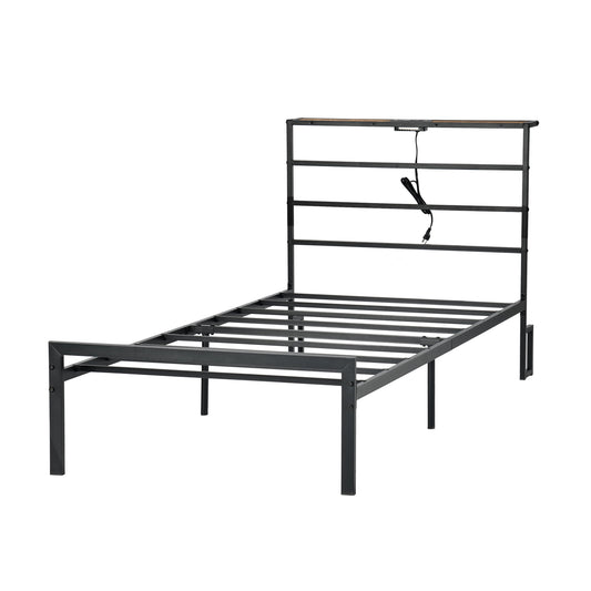 Homy Casa Twin Size Metal Bed Frame with Headboard, Built-in Power Outlet, Sturdy Support for Single Beds, Black