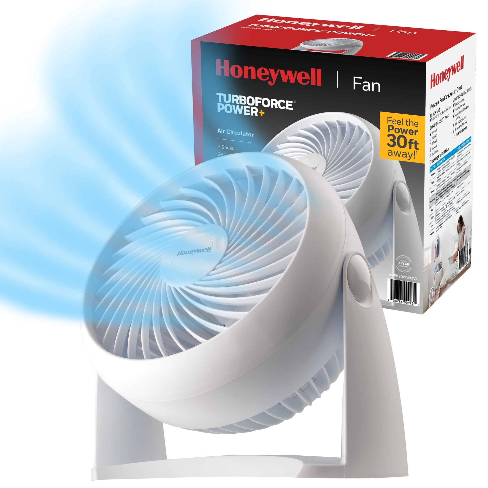 Honeywell Ventilador de Mesa Turbo Force Blanco de 10â€, Potencia de CirculaciÃ³n de Aire de 30 Pies, 3 Velocidades, Pivote de 90Â°, HPF820WWM