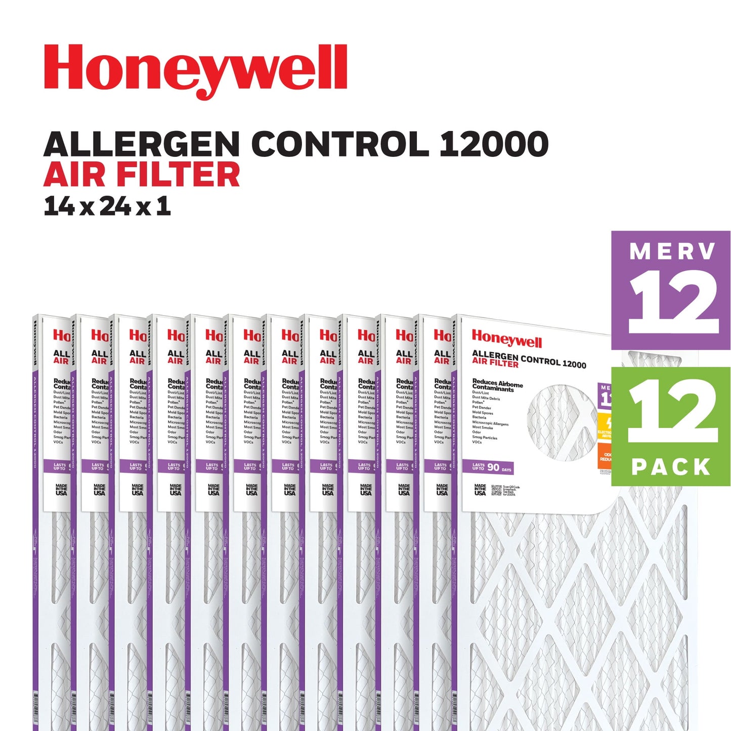 Honeywell 14x24x1 MERV 12 Pleated HVAC Furnace Air Filter- 12 Pack