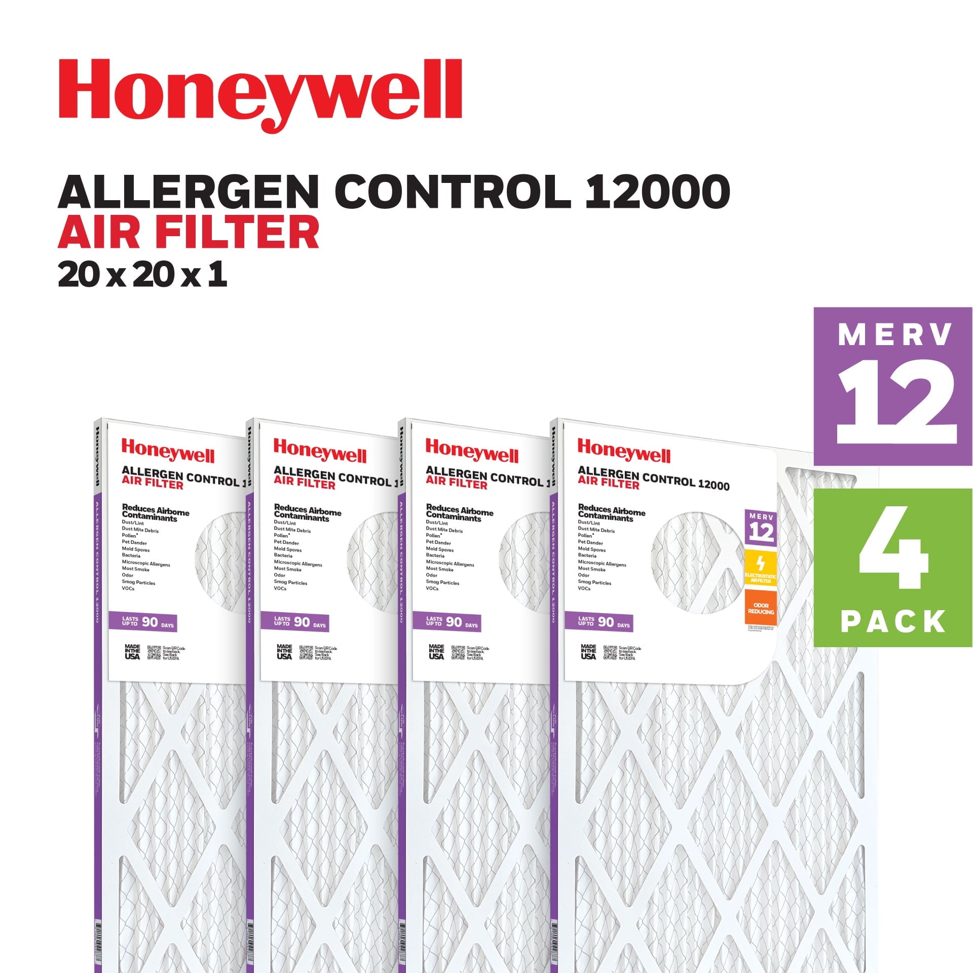 Honeywell 20x20x1 MERV 12 Pleated HVAC Furnace Air Filter -4 Pack