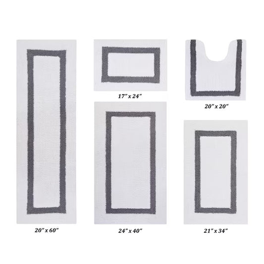 Better Trends 5 Piece Bathroom Rugs Set 100% Cotton Bath Rug Soft, Water Absorbent, Reversible, Machine Washable for Bathroom Decor Toilet Base Contour, Runner Mat Hotel Collection - White/Gray
