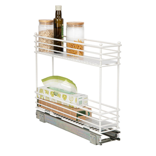 Household Essentials Glidez Paint-Finished Steel Pull-Out/Slide-Out Basket Storage Organizer with Plastic Liners for Under Cabinet Use - 2-Tier Design - Fits Standard Size Cabinet or Shelf, White