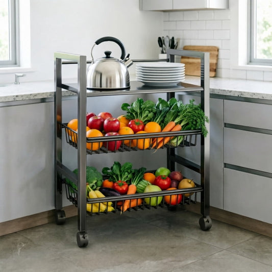 Rolling Kitchen Island with Anti-Dust Door & Wheels, Kitchen Storage Cart with Removable Baskets, Versatile Storage Shelf Organizer