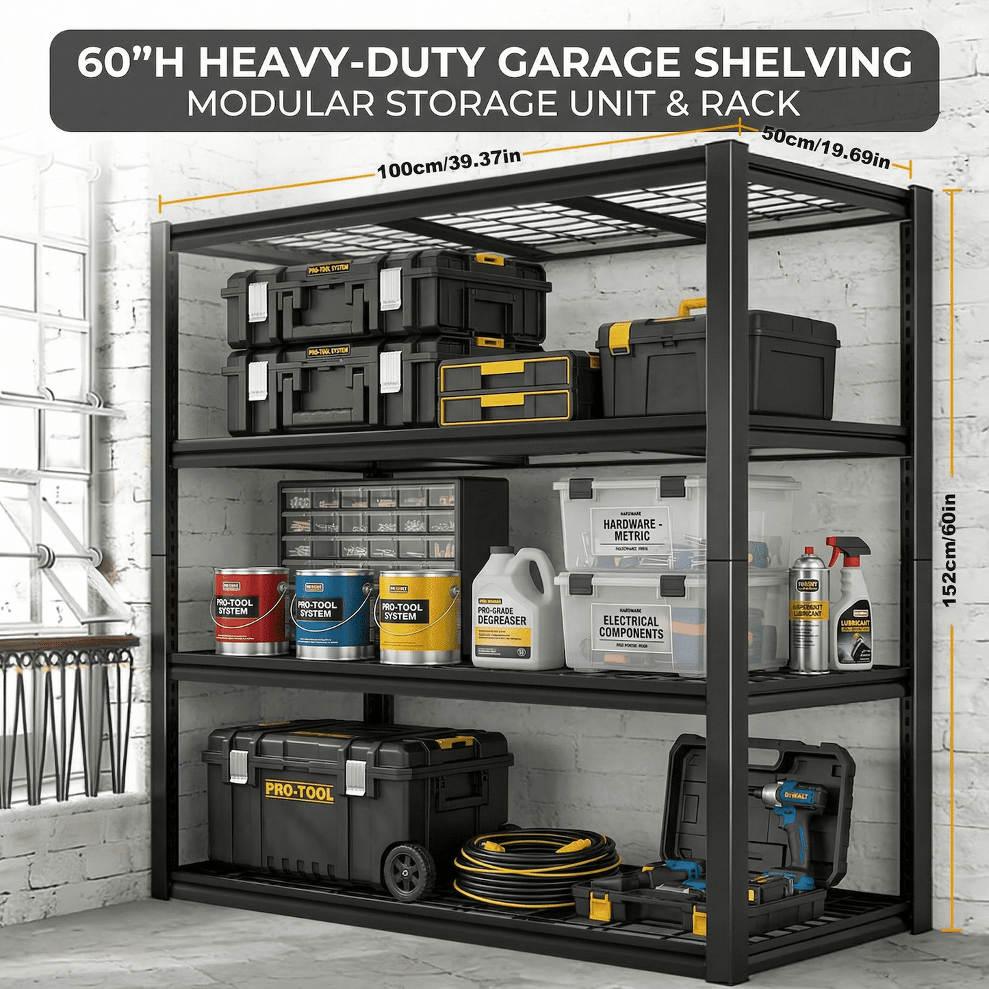 Howcool Heavy Duty Garage Shelving Unit, 2240 lbs Metal Storage Shelves, Adjustable Steel Shelving Rack, 39.37"W x 19.6"D x 60"H, 4-Tier Freestanding Industrial Shelf for Garage, Basement, Warehouse