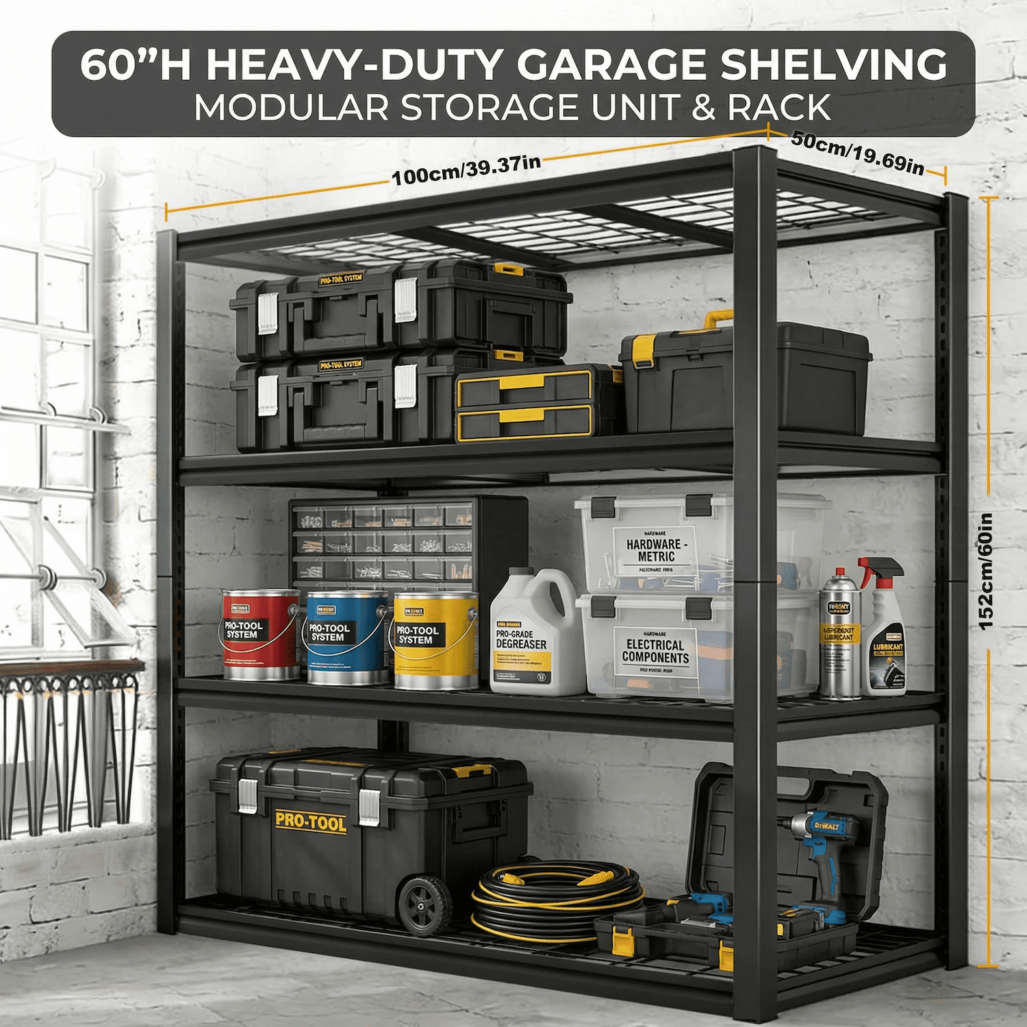 Howcool Heavy Duty Garage Shelving Unit, 2240 lbs Metal Storage Shelves, Adjustable Steel Shelving Rack, 39.37"W x 19.6"D x 60"H, 4-Tier Freestanding Industrial Shelf for Garage, Basement, Warehouse