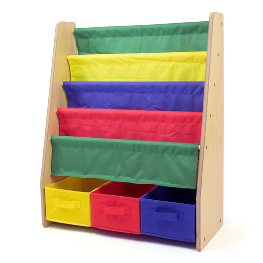 Humble Crew Kids Bookshelf 4 Tier Book Storage and Fabric Bin Organizer, Natural/Primary