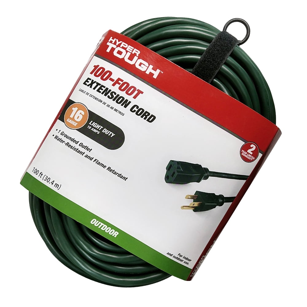 Hyper Tough 100FT 16AWG 3 Prong Green Outdoor Extension Cord, Single Outlet, 125V 10A