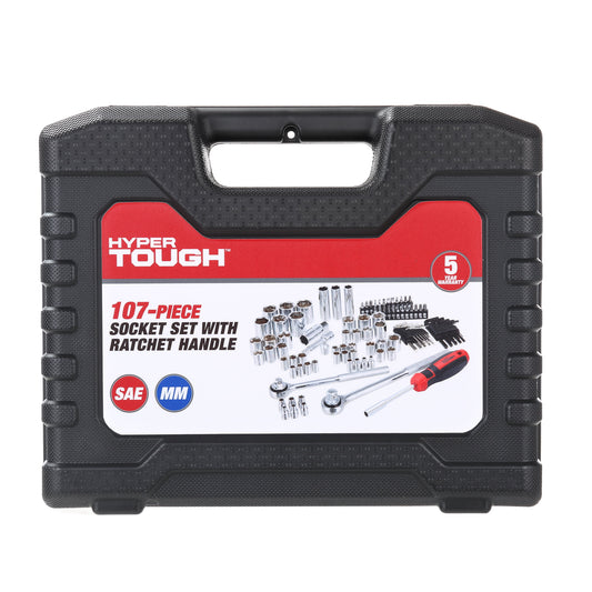 Hyper Tough 107 Piece 1/4, 3/8, 1/2 inch Drive Socket Set for Mechanic Use