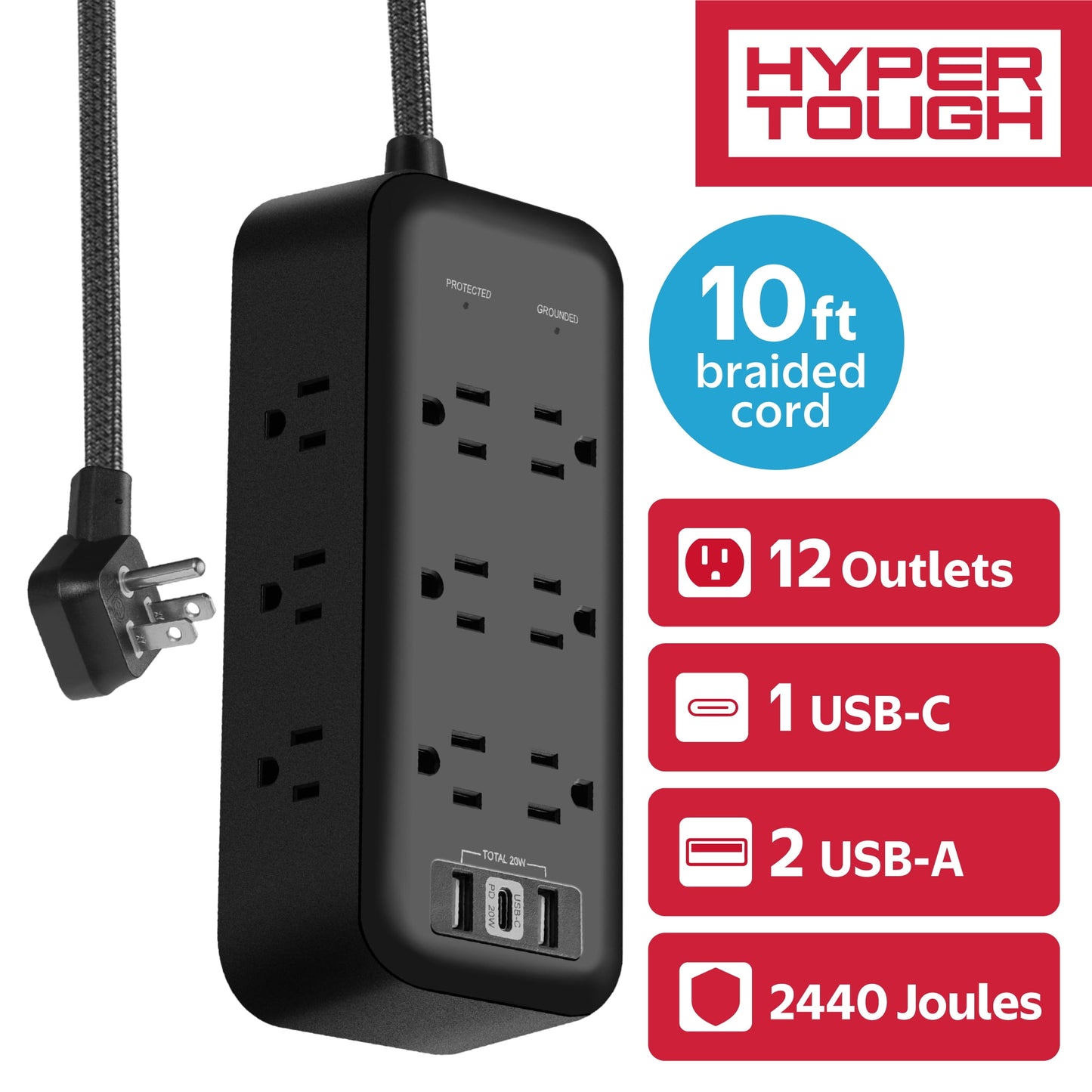 Hyper Tough USB Power Strip Surge Protector with 12 Outlets, Fast Charger USB Ports, 10ft Extension Cord, Black