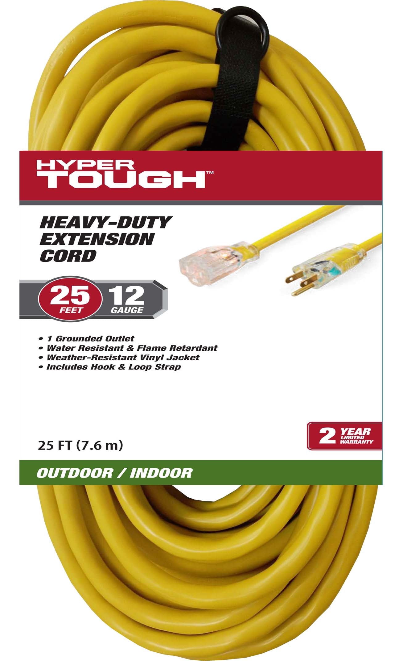 Hyper Tough 12AWGX3C 25ft Indoor and Outdoor Heavy Duty Yellow Vinyl Extension Cord