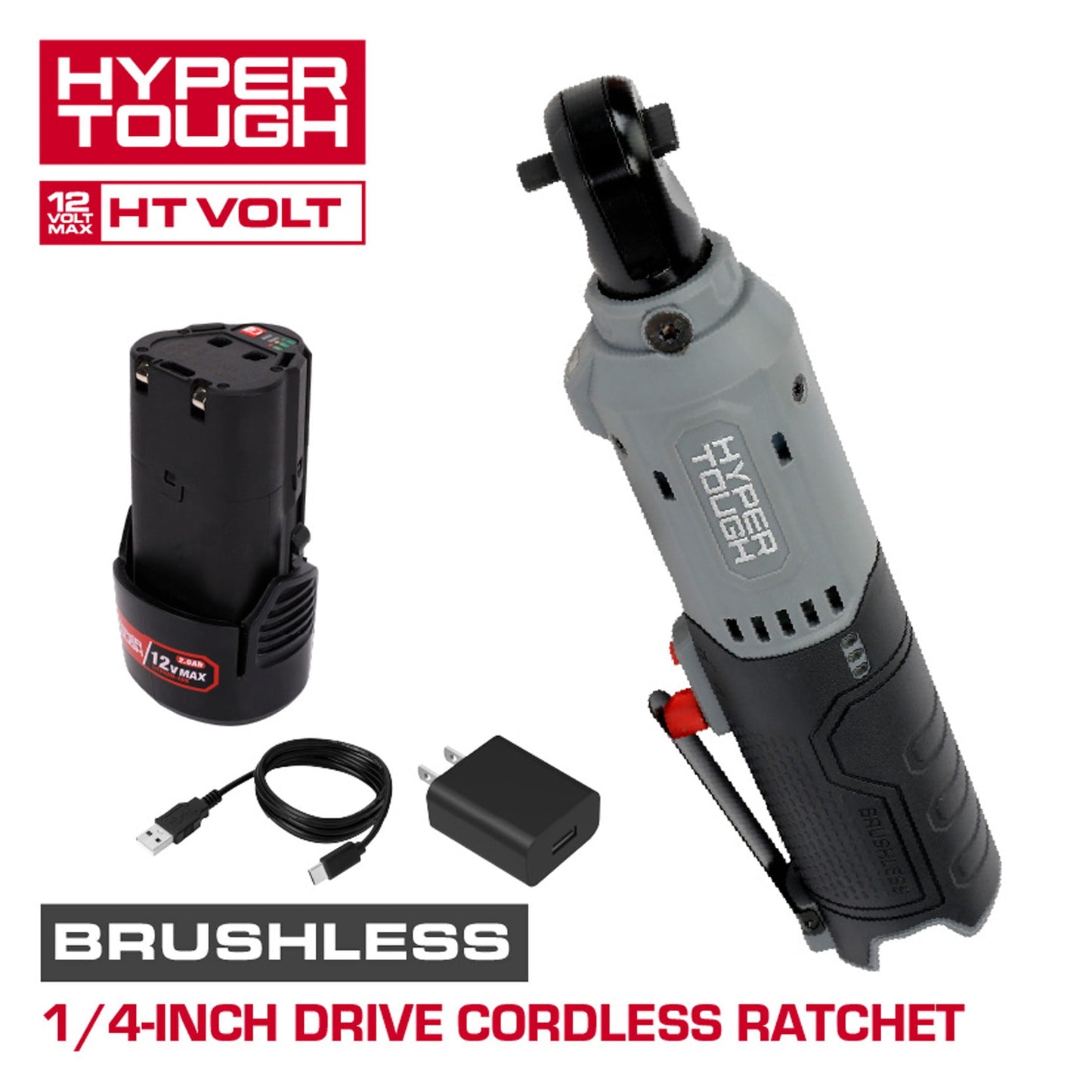 Hyper Tough 12V Brushless 1/4-inch Cordless Ratchet with 2.0Ah Battery