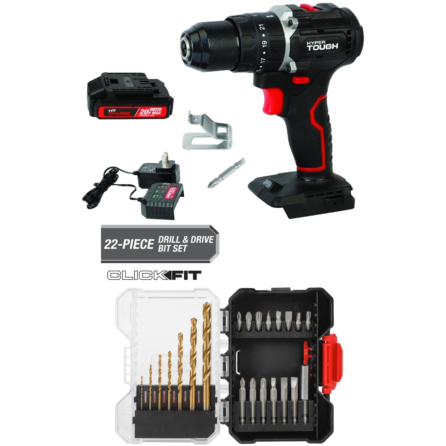 Hyper Tough 20V Max Brushless 2-Speed Cordless Hammer Drill and 22-Piece Drill & Drive Set in Click Fitâ„¢ Case