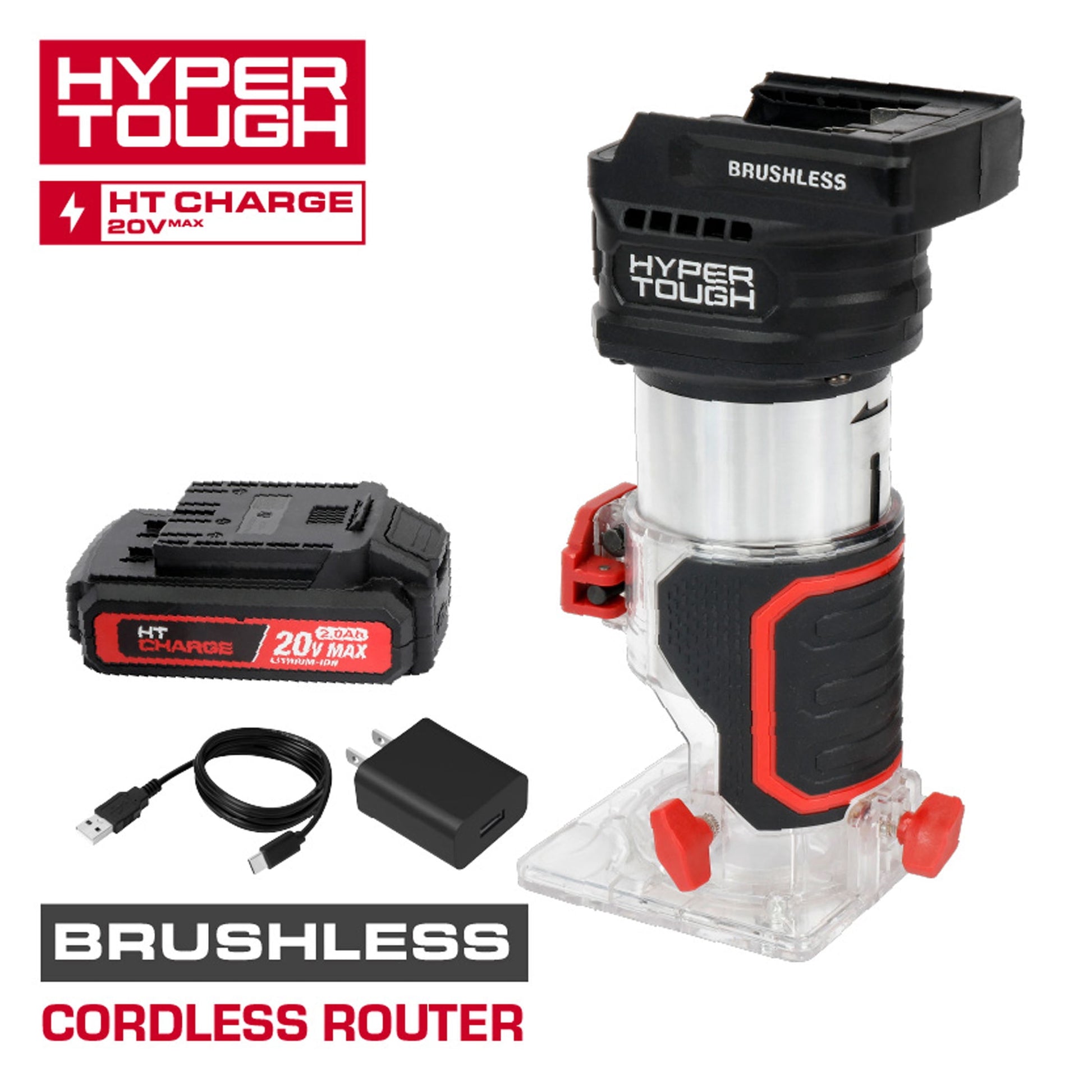 Hyper Tough 20V Brushless Cordless Router with 2.0Ah Battery