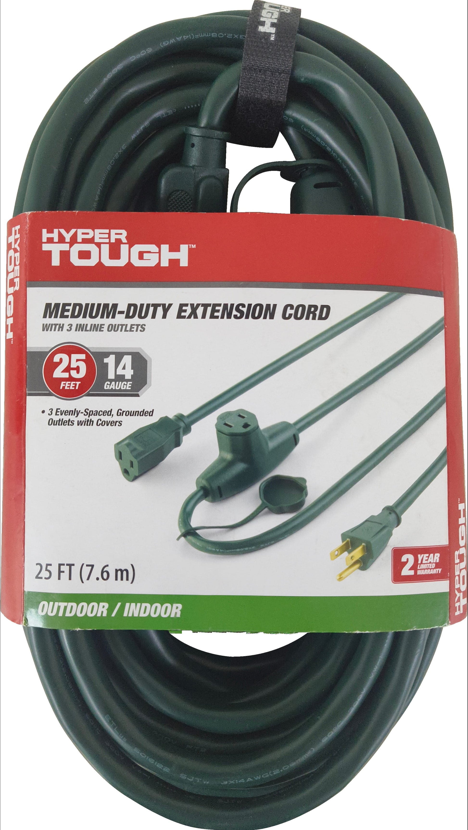 Hyper Tough 25FT 14AWG 3 Prong Green Landscaping Cord, For Indoor and Outdoor Use, 125V, 15A