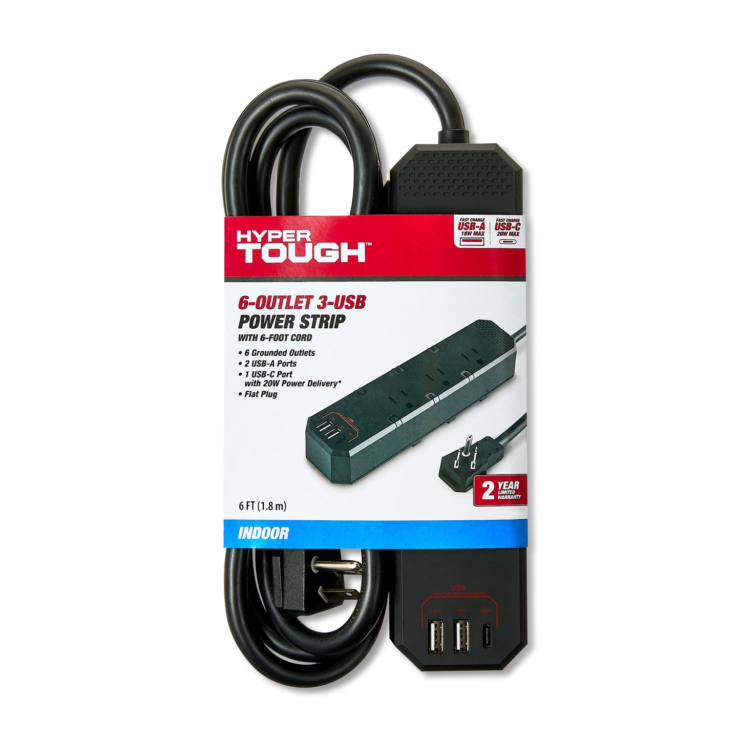 Hyper Tough Regleta de AlimentaciÃ³n Interior de 6 Tomas y 3 USB, Negra, Cable de 6', 15 Amperios