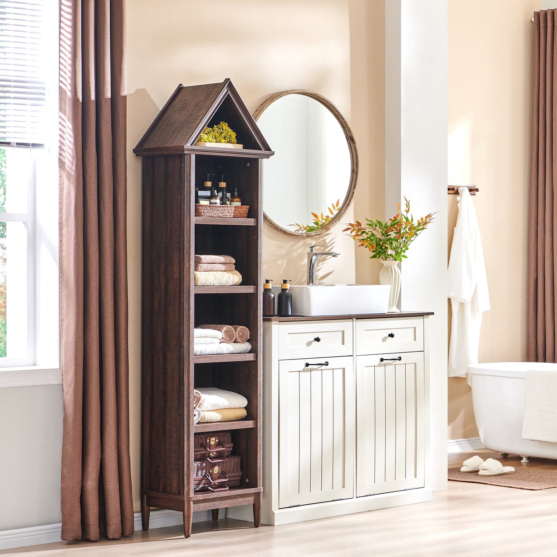 IFGET 75.9" Tall Arch Bathroom Cabinet with Adjustable Storage Shelves, Freestanding Wood Storage Cabinet for Bathroom