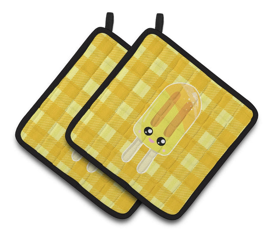 Caroline's Treasures Ice Pop Popcicle Face Gingham Yellow Pair of Pot Holders