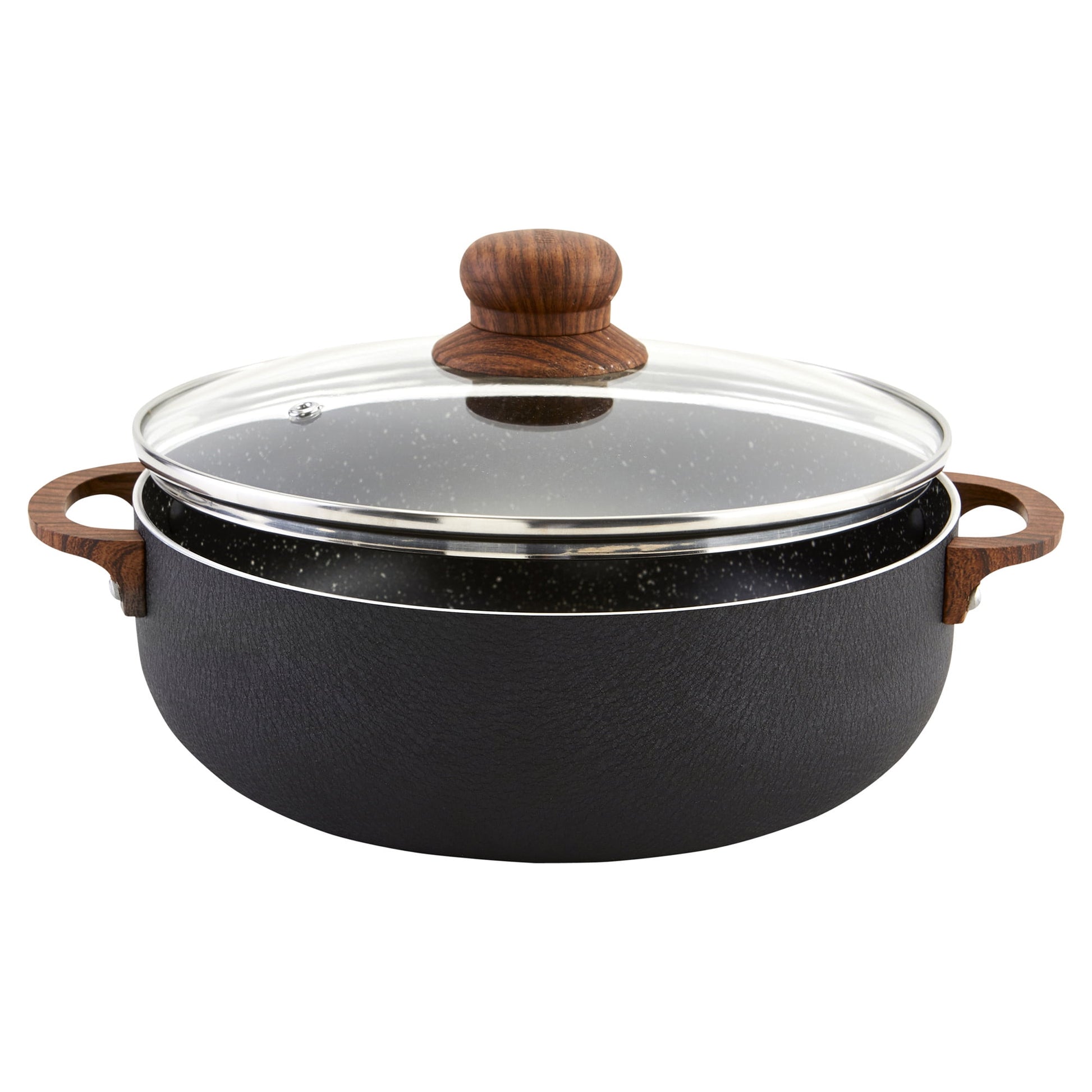 IMUSA Caldero Antiadherente de 4.4qt de Aluminio Negro con Tapa de Vidrio y Asas de Aspecto de Madera, Negro