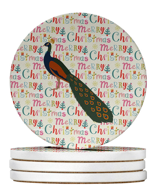 Indian Peacock Peafowl Christmas Large Sandstone Coasters Pack of 4 4 in x 4 in