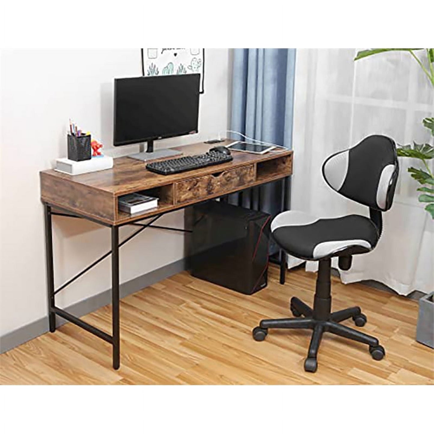 JJS 48' Writing Desk with Power Outlet, Home Office Contemporary Large Computer Desk Laptop Workstation with Drawer USB Ports Charging Station, Rustic Brown