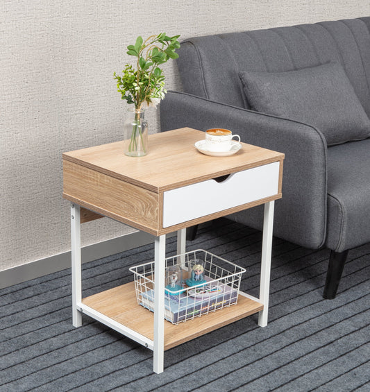 JJS Side End Table, Nightstand, Bedside Table with Drawer and Storage Shelves, Sofa Table for Living Room, Bedroom, Accent Furniture, Easy Assembly, Oak/White