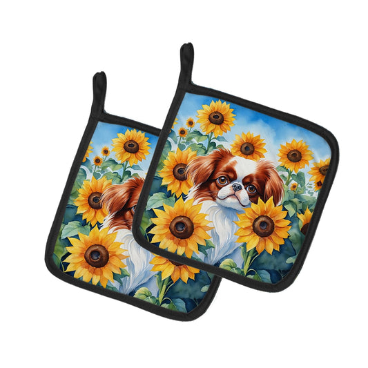 Japanese Chin in Sunflowers Pair of Pot Holders