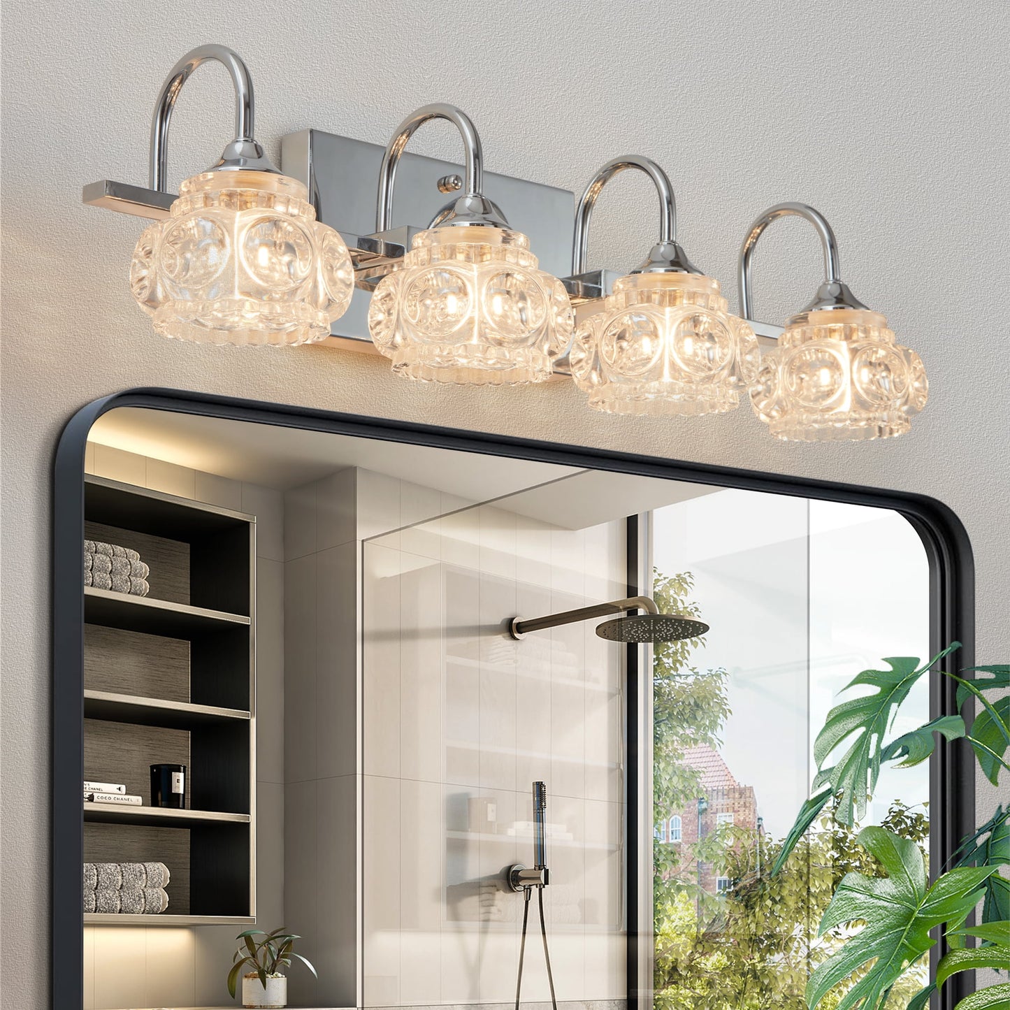 Jopath 23" Modern 4-Ligh Crystal Bathroom Vanity Light, Chrome Wall Sconce with Clear Glass Shade, Elegant Wall Mount Lighting for Bathroom, Powder Room, or Vanity Mirror (No Bulbs)