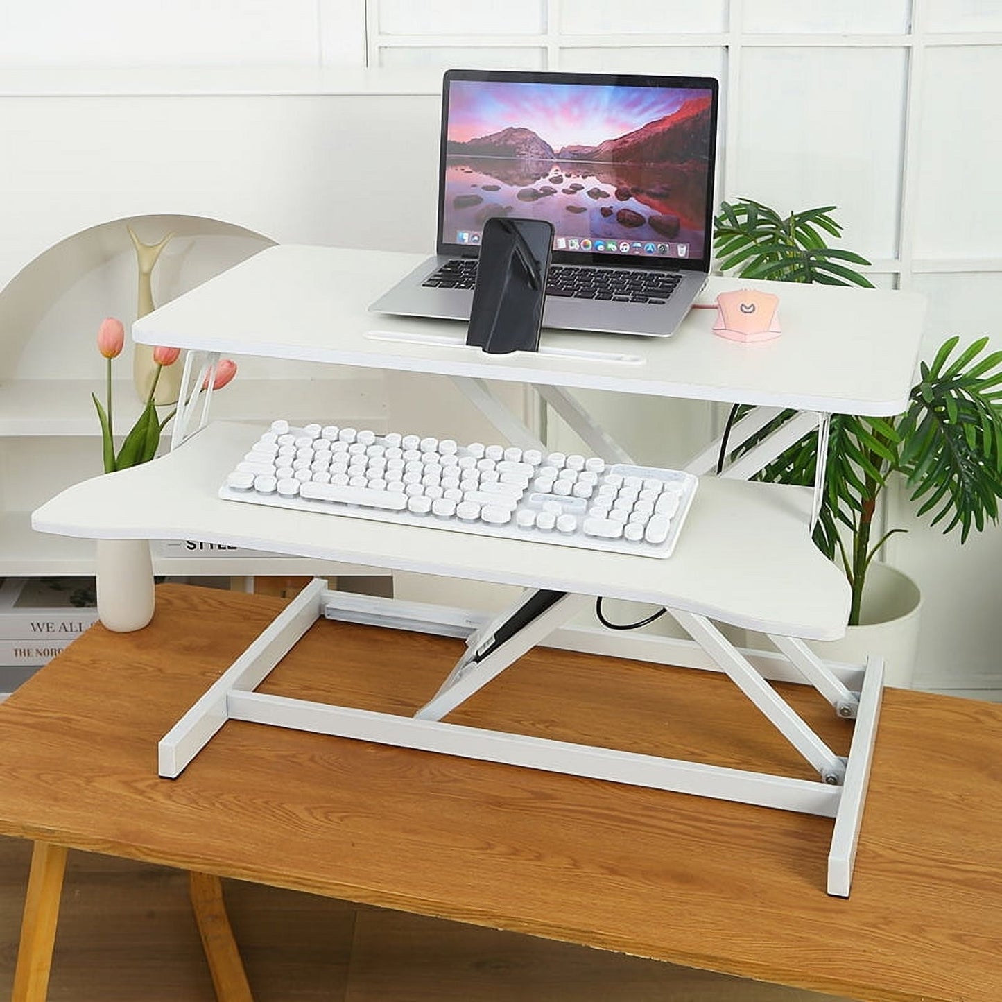 Jopath 32" Desk Converter,Height Adjustable Standing Desk Converter for Home Office,Dual Monitor and Laptop Workstation with Wide Keyboard Tray,White