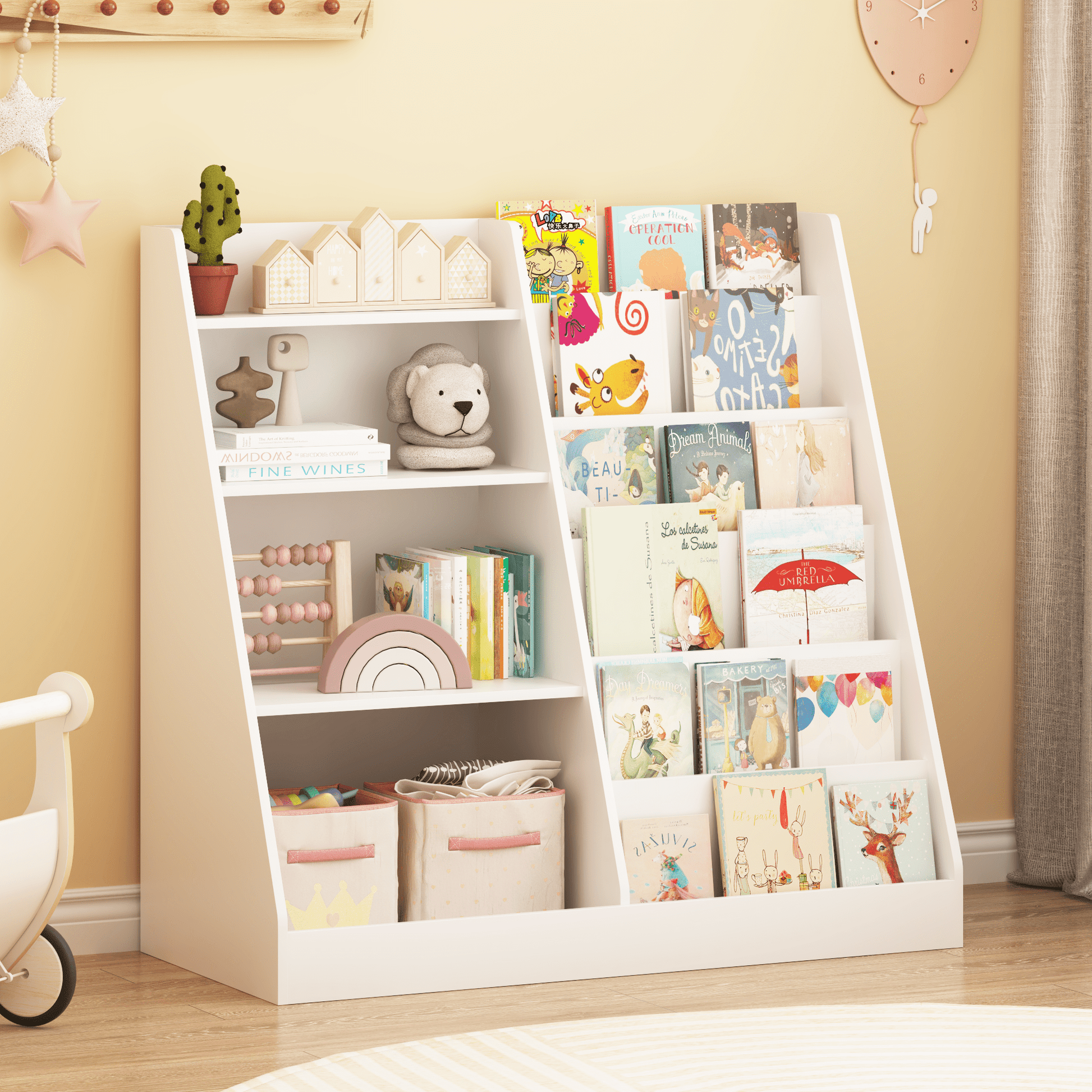 Jopath 4 Tier Kids Bookshelf and Toy Storage Organizer,Multifunctional Wooden Kids Book Shelf with Bookcase Display Stand for Kids Room,Playroom,Gray
