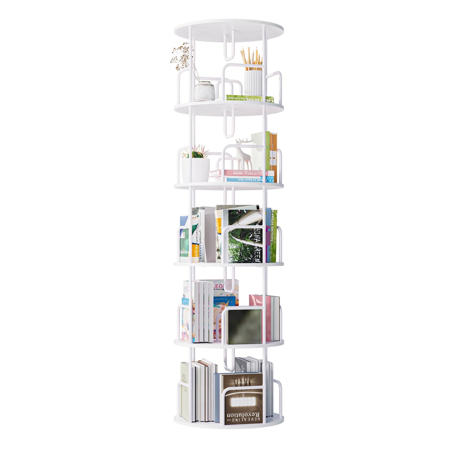 Jopath 5 Tier Rotating Bookshelf,Round Revolving 360Â° Bookcase,Narrow Turning Spinning Bookshelf Tower for Small Space, Bedroom,Office,White