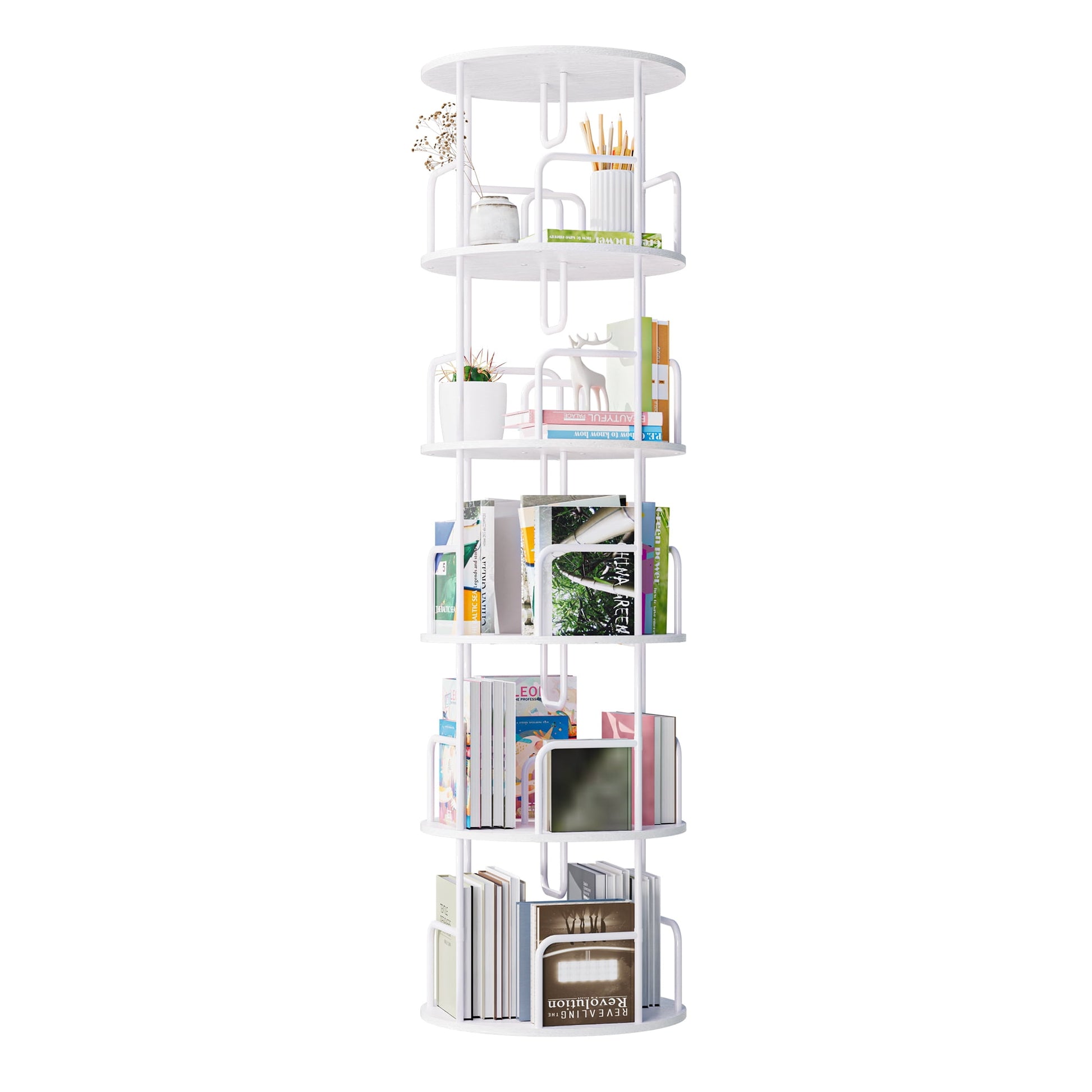 Jopath 5 Tier Rotating Bookshelf,Round Revolving 360Â° Bookcase,Narrow Turning Spinning Bookshelf Tower for Small Space, Bedroom,Office,White