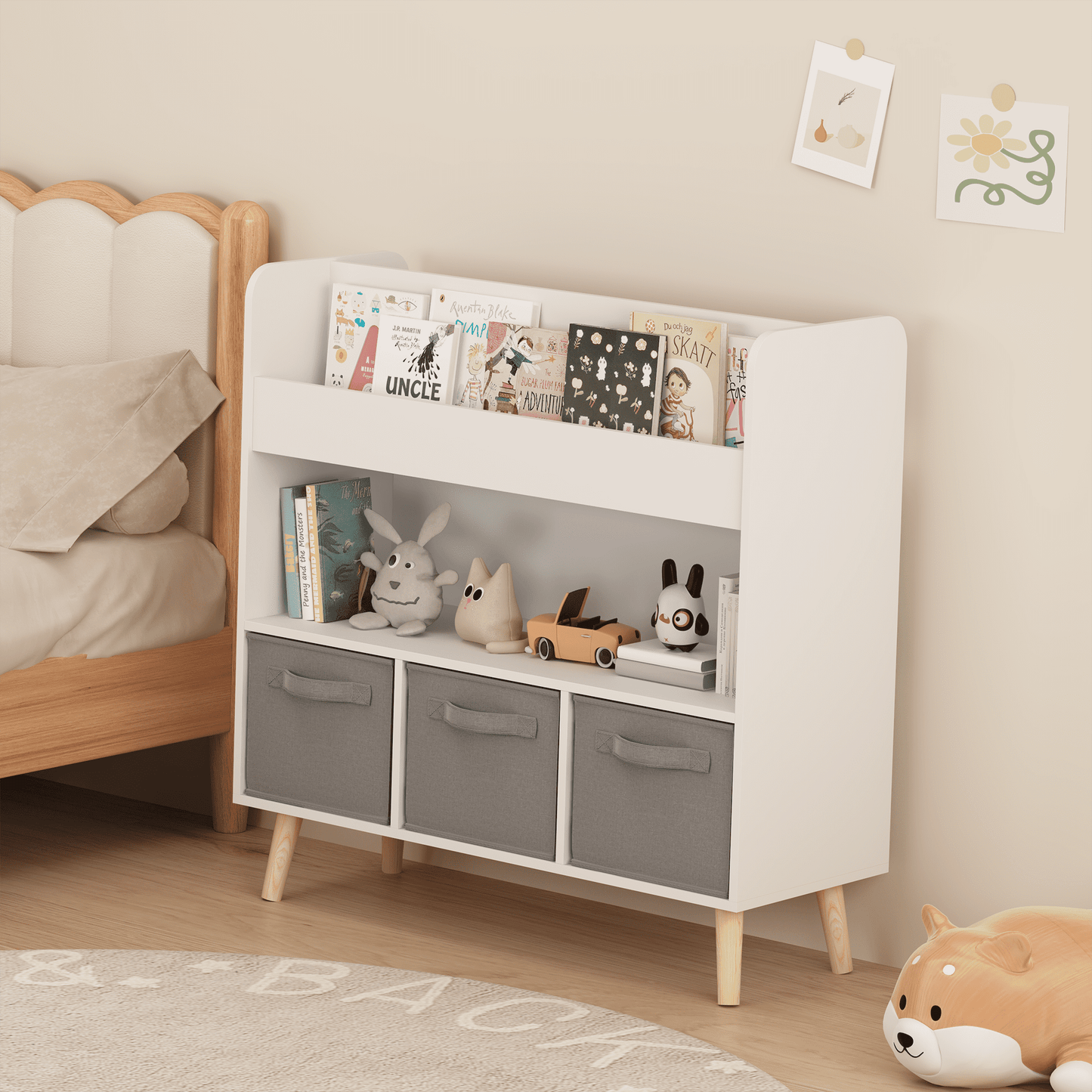 Jopath EstanterÃ­a para NiÃ±os con 3 Contenedores de Tela, Organizador de Almacenamiento Moderno para Sala de Juegos, Dormitorio, Blanco y Gris