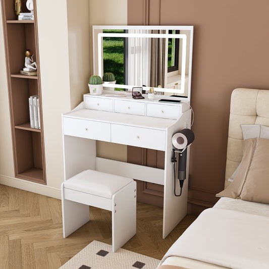 Jopath Large Makeup Vanity Set,Modern Mirror Vanity Desk with 5 Drawers,3 Lighting Color Adjustable Dressing Table for Bedroom,White 02