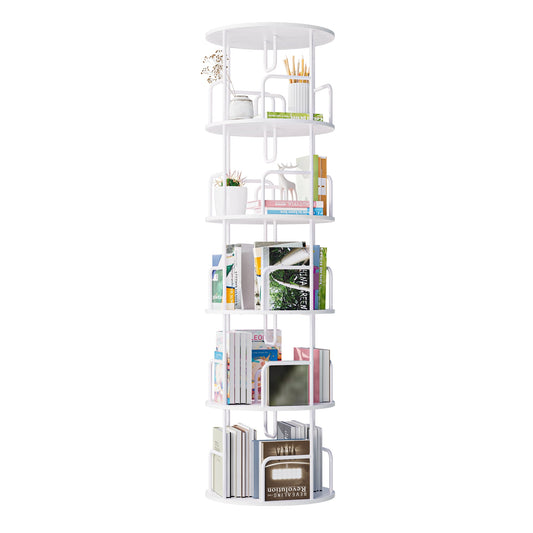 Jopath Living Room Display Shelves,Rotating Bookshelf Tower 5 Tier,360Â° Display Round Spinning Bookshelf,Wood & Metal Stackable Spinning Bookshelf Tower For Bedroom, Living Room,White