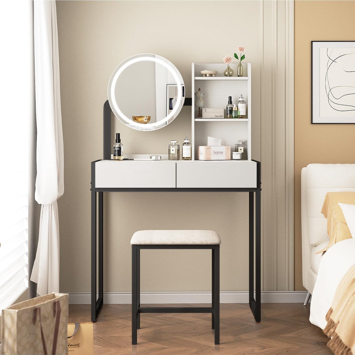 Jopath Makeup Vanity Desk with Mirror and Lights,Small Dressing Table with 2 Drawers & Open Shelves and Cushioned Stool,3 Lighting Modes for Bedroom,Small Space,White