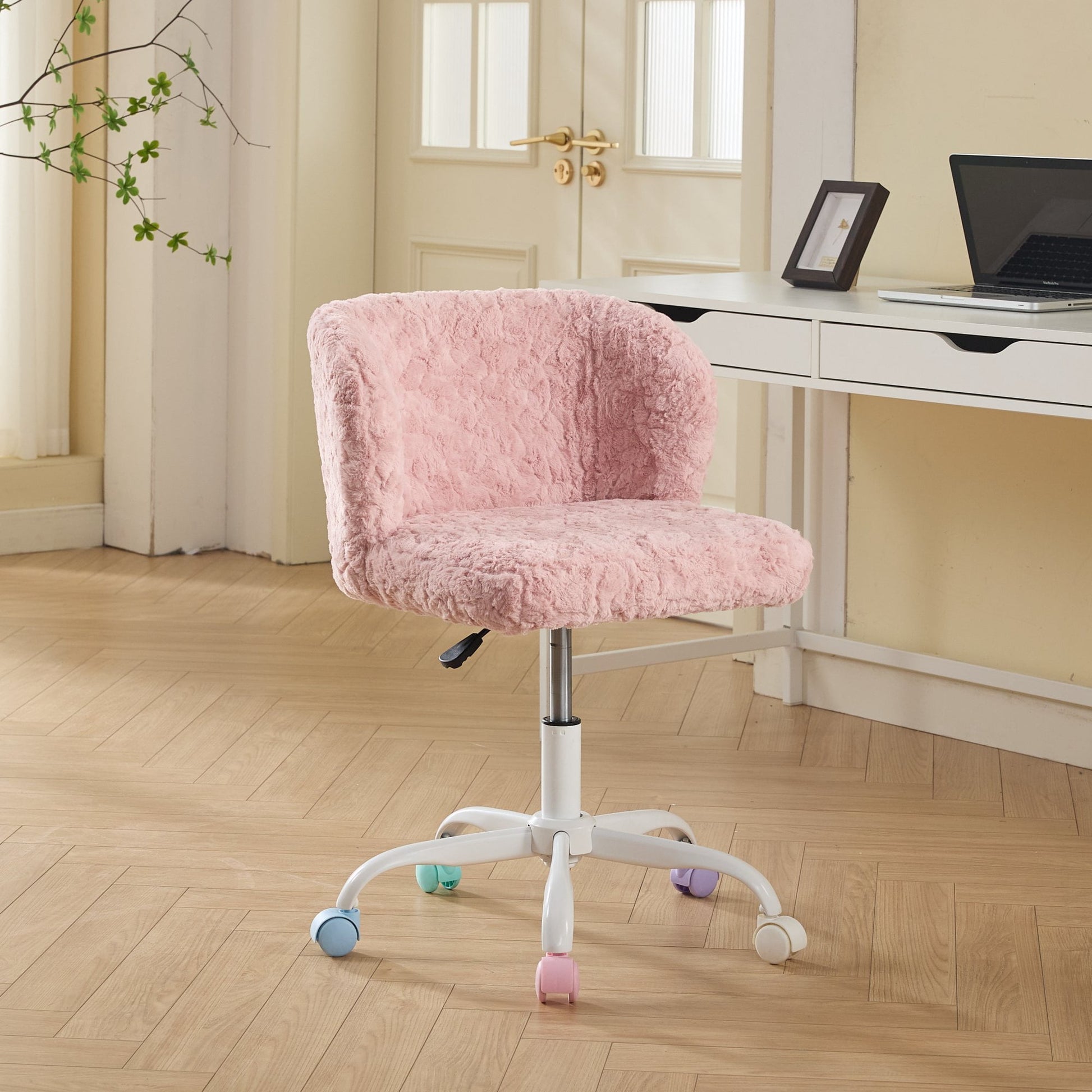 Jopath Office Chair,Artificial Rabbit Hair Home Office Chair with Metal Base Wider seat Adjustable Desk Chair Swivel for Office Vanity (Cream)