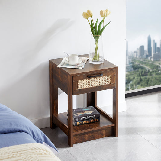 Jopath Rattan Side Table, Modern Nightstand Bedside Table 15.75" Bedside End Table With Drawer, Modern Farmhouse Nightstand For Living Roon, White