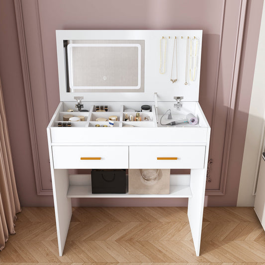Jopath Vanity Desk with Mirror & LED Lighted,Makeup Vanity Table with 2 Drawers & Open Storage,Flip Top Makeup Dressing Table Set for Bedroom,White