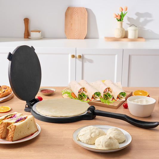 KFFKFF 10 Inch Tortilla Press Chapati Maker Roti Dough Maker Heavy Duty Cast Iron With 100*Parchment Paper