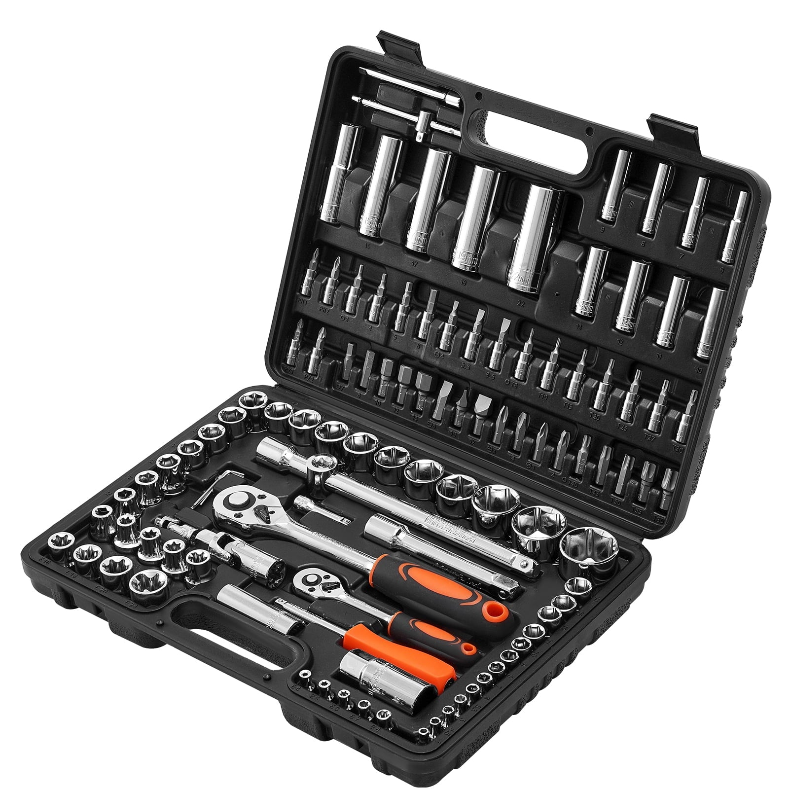 KFFKFF 108-Piece Socket and Ratchet Set, 1/4 & 1/2 Inch Drive, Metric Sizes 4-32 mm, Mechanic Tool Kit with Bits, Accessories, Durable Storage Case, CR-V Steel, Ideal for Automotive Maintenance