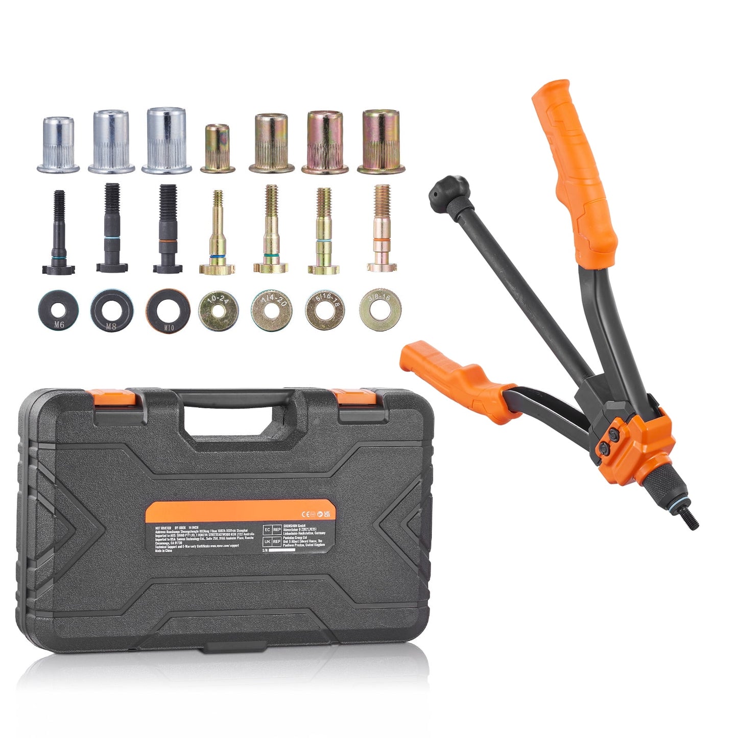 KFFKFF 14-inch Rivet Nut Tool Kit with 7 Metric and SAE Mandrels, 70 Assorted Rivet Nuts, Includes Sizes 10-24, 1/4-20, M6, 5/16-18, M8, 3/8-16, M10, Comes with Durable Carrying Case for DIY