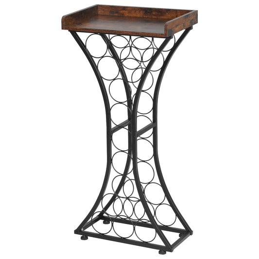 KFFKFF 15-Bottle Wine Rack, Freestanding Floor Stand with Glass Holder and Wooden Tabletop, Easy-to-Assemble Storage Solution for Home, Bar, Kitchen, Living Room, or Dining Room, Black